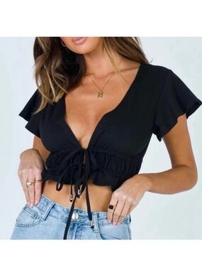 Princess Polly Black Drawstring V-Neck Crop Top